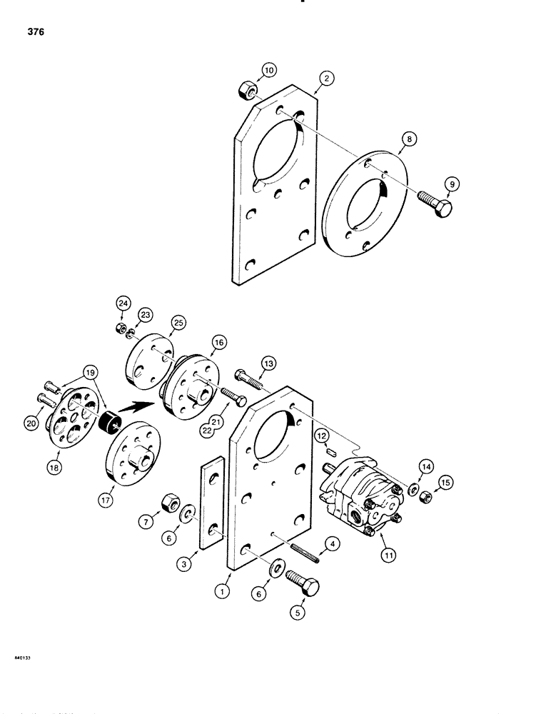 Схема запчастей Case SD100 - (376) - HYDRA-BORER OR BACKHOE PUMP MOUNTING, USED WITHOUT LINE LAYER (89) - TOOLS