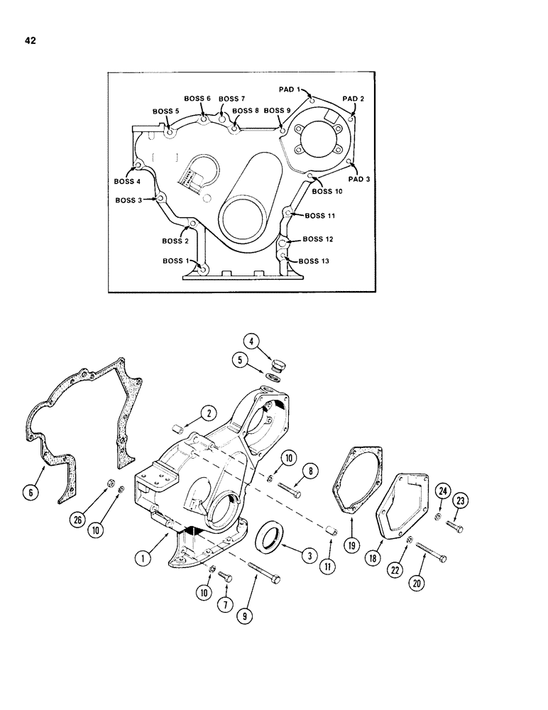 Схема запчастей Case 1150D - (042) - TIMING GEAR COVER, 504BD AND 504BDT DIESEL ENGINES (02) - ENGINE