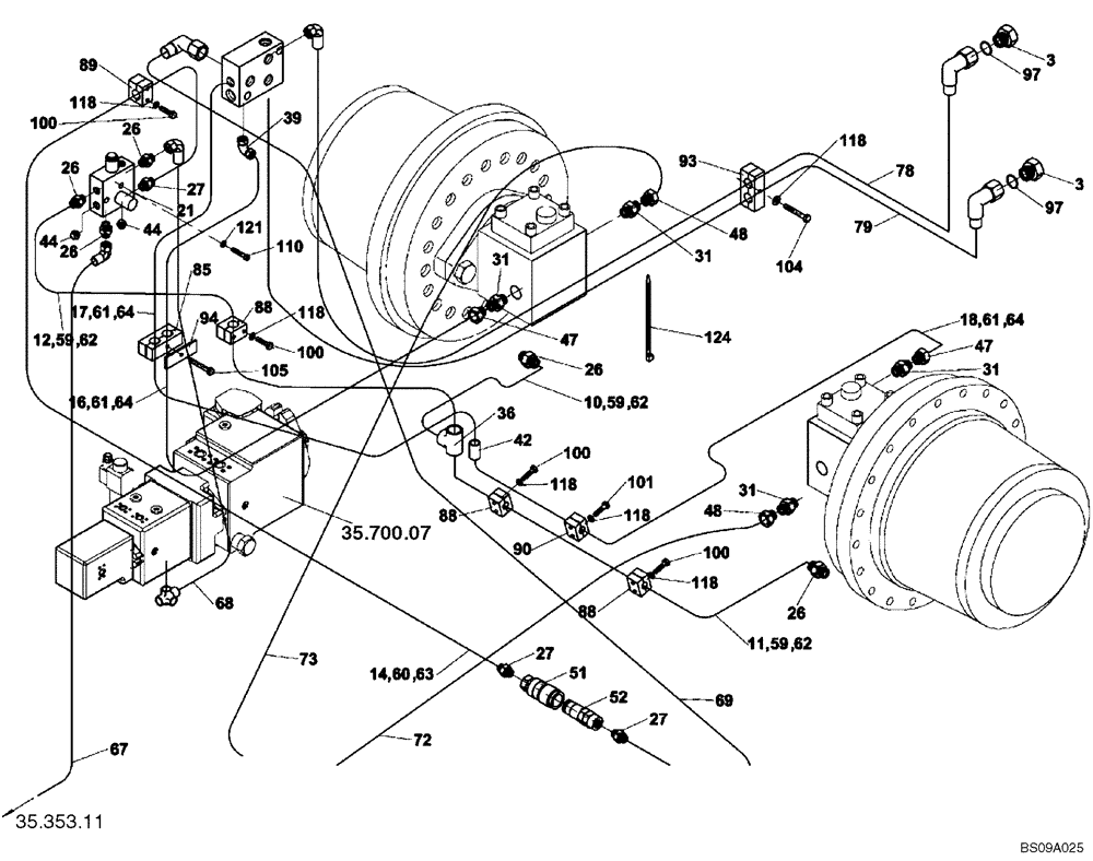 Схема запчастей Case SV212 - (35.353.21[01]) - HYDRAULIC SYSTEM OF TRAVEL, REAR WHEELS (ACE) - BSN DDD003017 (35) - HYDRAULIC SYSTEMS