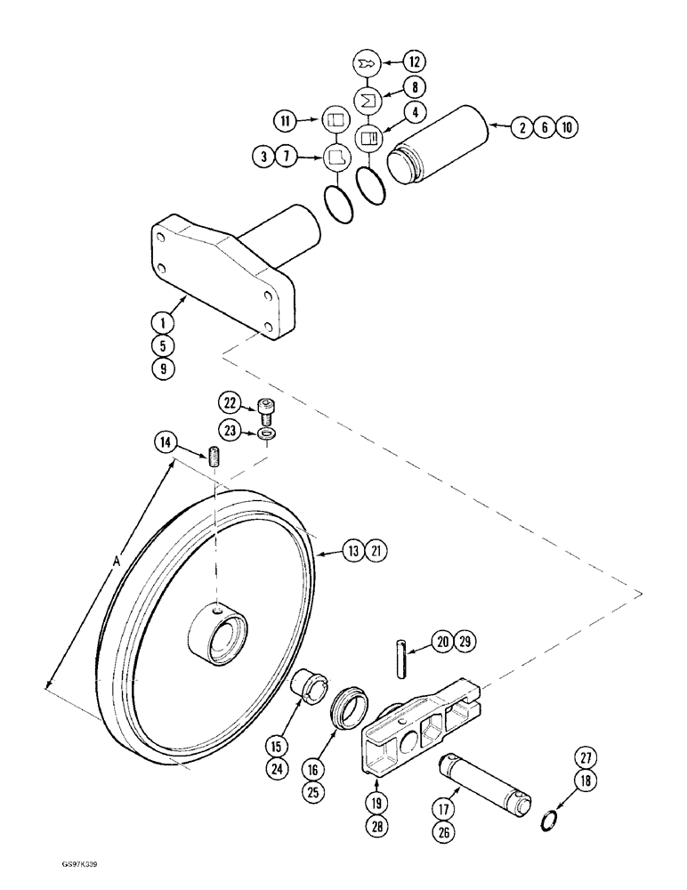 Схема запчастей Case 170C - (5-12) - TRACK IDLER & ADJSTMT CYL,W/ 710 MM(27-15/16") IDLER WHL DIMENSION, PIN 74570-74662, PIN 02301-02370 (11) - TRACKS/STEERING