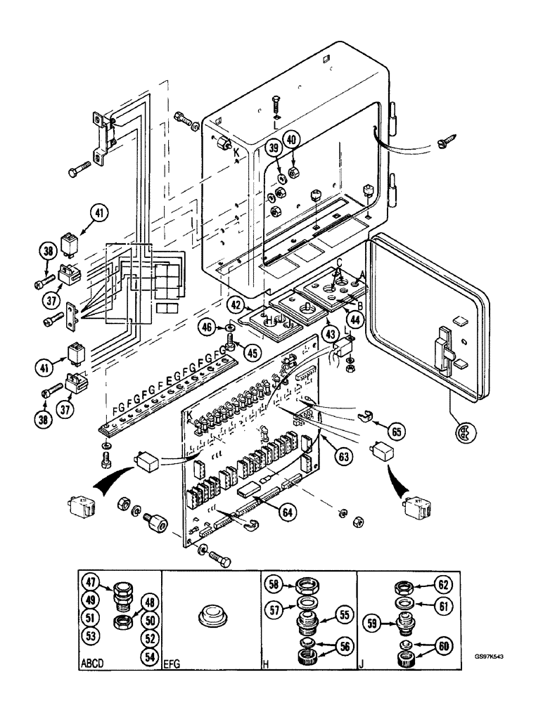 Схема запчастей Case 220B - (4-58) - ELECTRICAL BOX, WITH SIDE HINGED ACCESS DOOR, P.I.N. 74441 THROUGH 74569 (04) - ELECTRICAL SYSTEMS