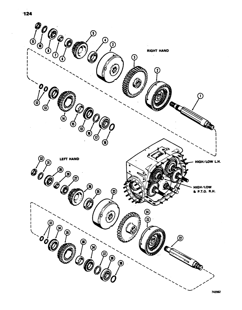 Схема запчастей Case 450 - (124) - TRANS. HIGH & LOW CLUTCH SHAFTS, USED BEFORE LOADER TRANS. SN 2682386 (03) - TRANSMISSION