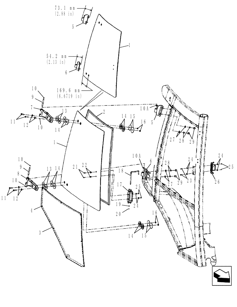 Схема запчастей Case 580SM - (90.156.04) - CAB - WINDOW, RIGHT-HAND, FOR SINGLE DOOR CAB FRAMES (90) - PLATFORM, CAB, BODYWORK AND DECALS