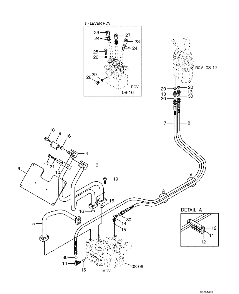 Схема запчастей Case 1221E - (08-14[01]) - HYDRAULICS - PILOT CONTROL LINES - (3) SPOOL (87700442) (08) - HYDRAULICS