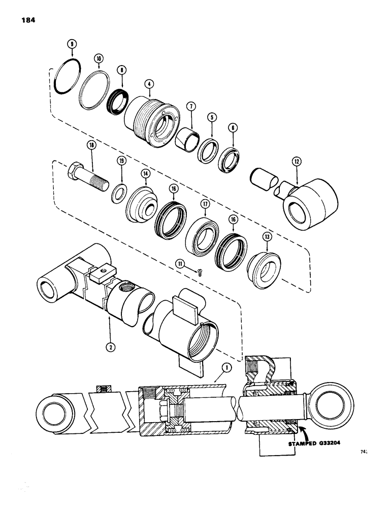 Схема запчастей Case 26B - (184) - G33204 DIPPER EXTENSION CYLINDER, GLAND IS STAMPED WITH CYLINDER PART NUMBER 