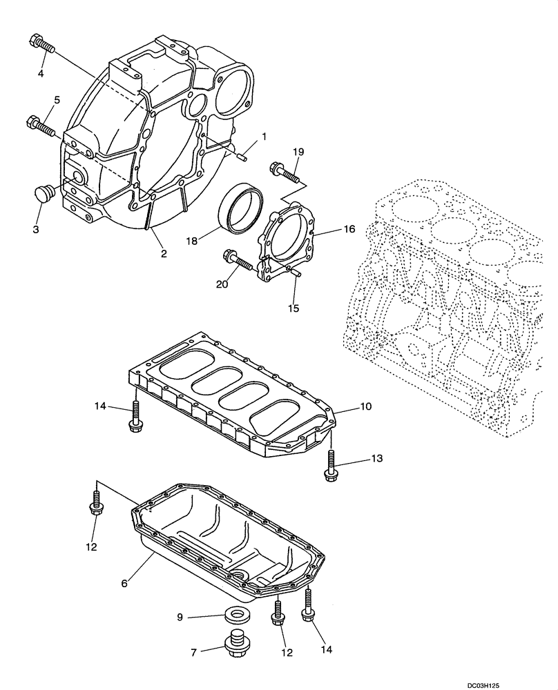 Схема запчастей Case CX47 - (02-20[00]) - FLYWHEEL HOUSING AND OIL PAN (02) - ENGINE