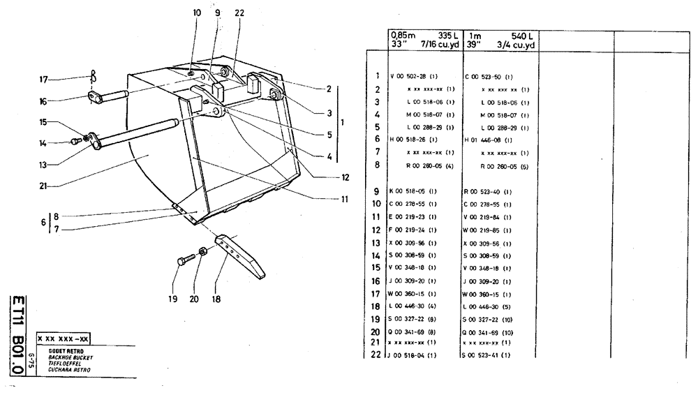 Схема запчастей Case TY45 - (ET11 B01.0[2]) - BACKHOE BUCKET - 1 M 540 L (39" 3/4 CU. YD.) (19) - BUCKETS