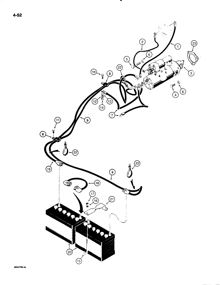 Схема запчастей Case W20C - (4-052) - BATTERY, STARTER AND BATTERY CABLES, USED ON W18B AND BEFORE W20C P.I.N. 9155766 (04) - ELECTRICAL SYSTEMS