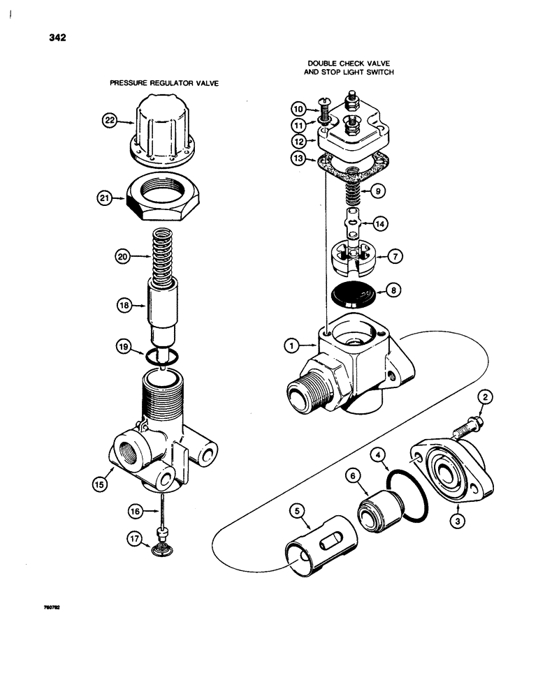 Схема запчастей Case W24C - (342) - L48128 DOUBLE CHECK VALVE AND STOP LIGHT SWITCH, USED ON MODELS WITH 20.50 X 25, 12 AND 16 PLY TIRES (07) - BRAKES