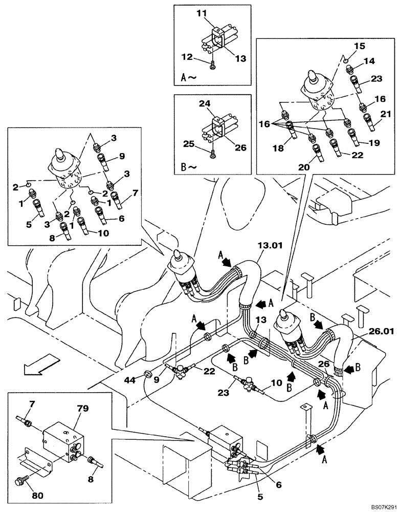 Схема запчастей Case CX225SR - (08-23) - PILOT CONTROL LINES, ATTACHMENT - MODELS WITHOUT LOAD HOLD (08) - HYDRAULICS