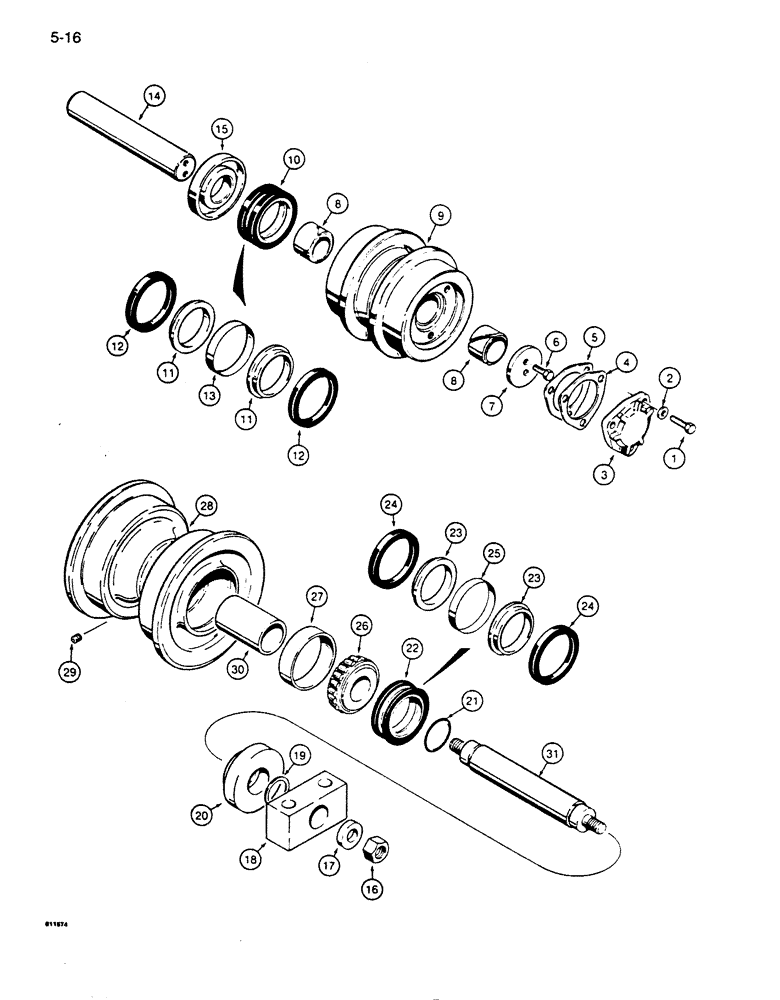 Схема запчастей Case 855D - (5-16) - CASE-MADE TRACK ROLLER ASSEMBLIES, CARRIER ROLLER ASSEMBLY (11) - TRACKS/STEERING