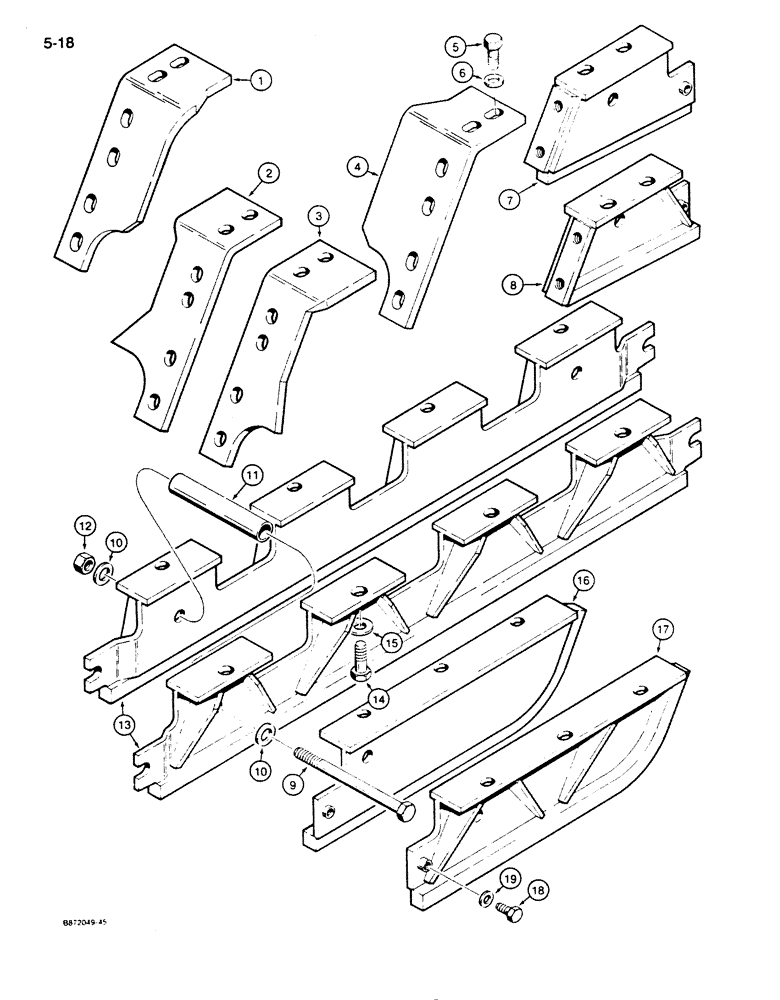 Схема запчастей Case 855D - (5-18) - TRACK GUARDS, USED ON MODELS WITH ANGLED REAR TRACK COVER (11) - TRACKS/STEERING