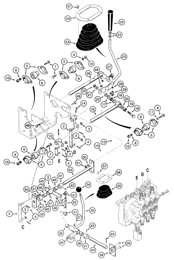 Схема запчастей Case 855E - (8-064) - EQUIPMENT CONTROL LEVERS AND LINKAGE, TWO CONTROL LEVERS - THREE SPOOL VALVE LOADER MODELS (08) - HYDRAULICS