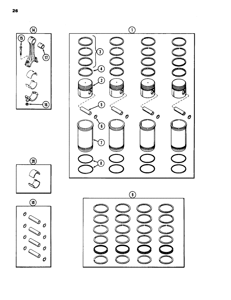 Схема запчастей Case 1835 - (026) - PISTONS AND SLEEVES, 148B SPARK IGNITION ENGINE, CONNECTING ROD (02) - ENGINE