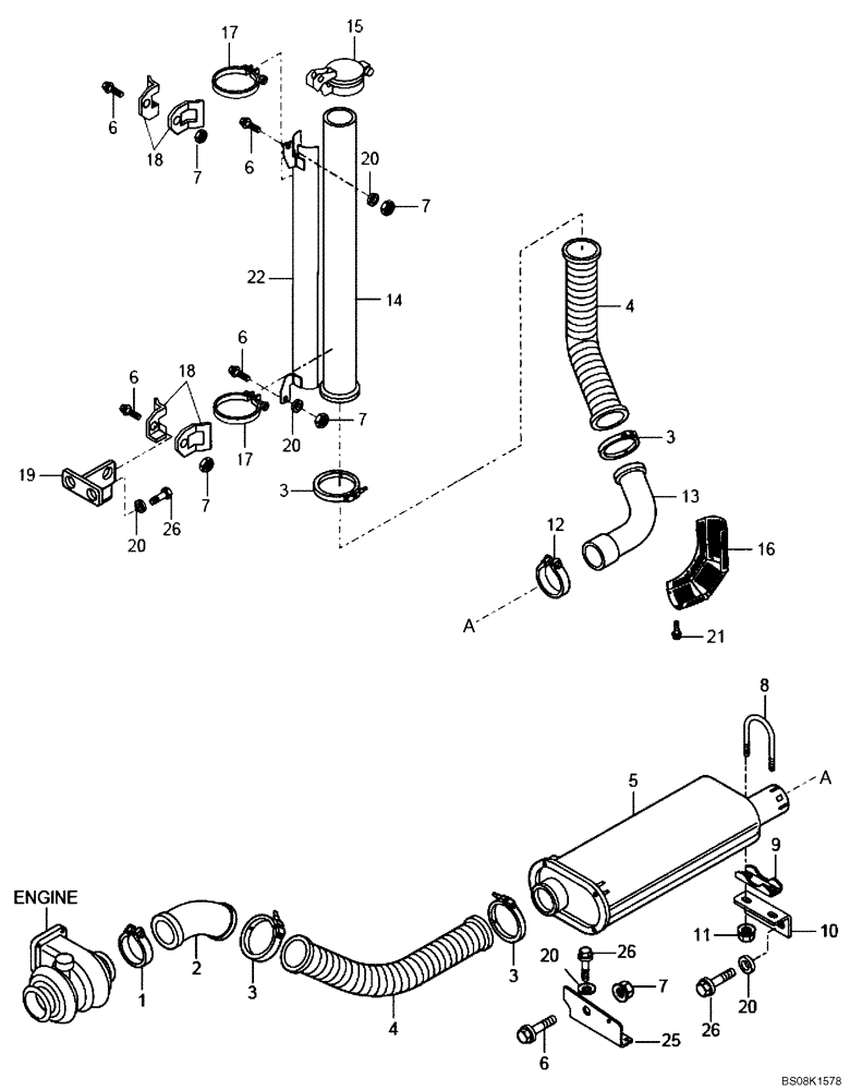 Схема запчастей Case 330B - (08A00000705[001]) - ENGINE EXHAUST INSTAL (P.I.N. HHD0330BN7PG57000 AND AFTER) (84165308) (01) - ENGINE