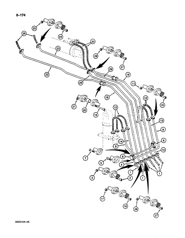 Схема запчастей Case 125B - (8-174) - BOOM, ARM, & TOOL CYLINDER CIRCUITS, TUBES AT BOOM, P.I.N. 74251 - 74963, 21801 - 21868, 26801 & AFT (08) - HYDRAULICS