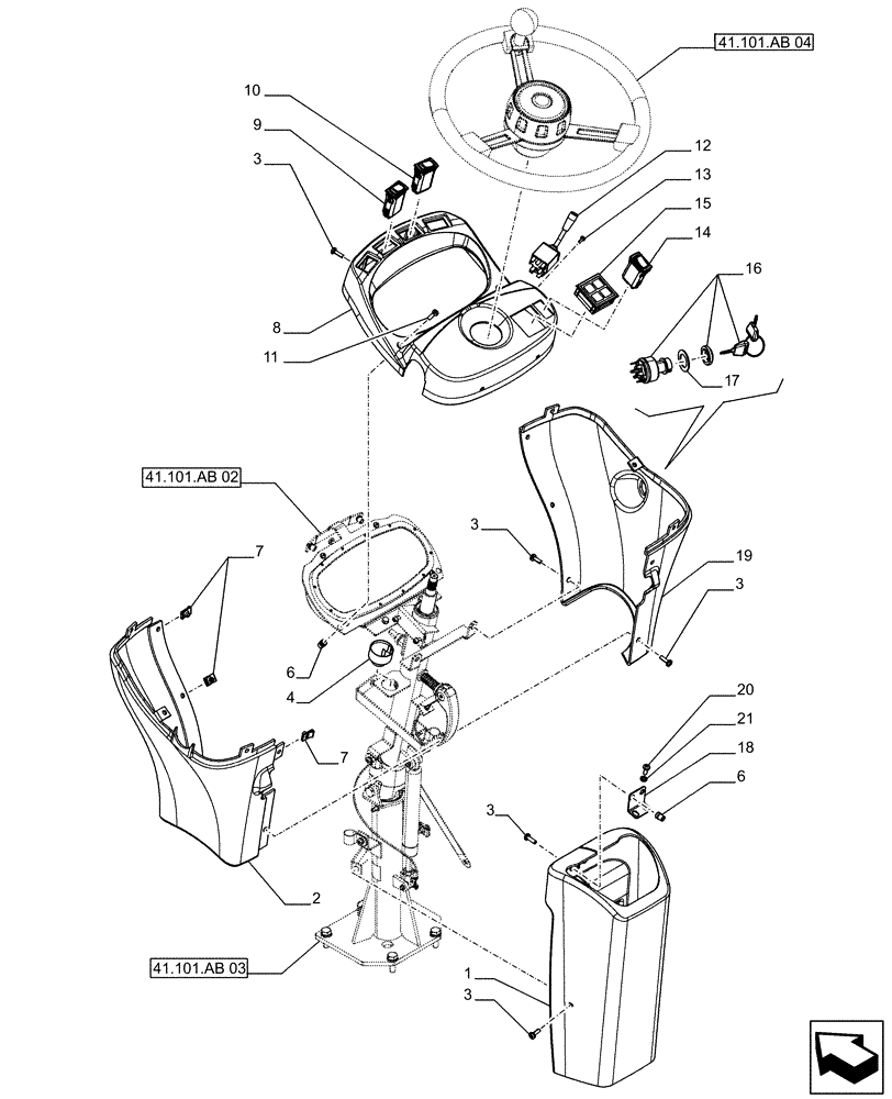 Схема запчастей Case 1021F - (41.101.01[03]) - CAB - STEERING COLUMN - COVERS, SWITCHES (41) - STEERING