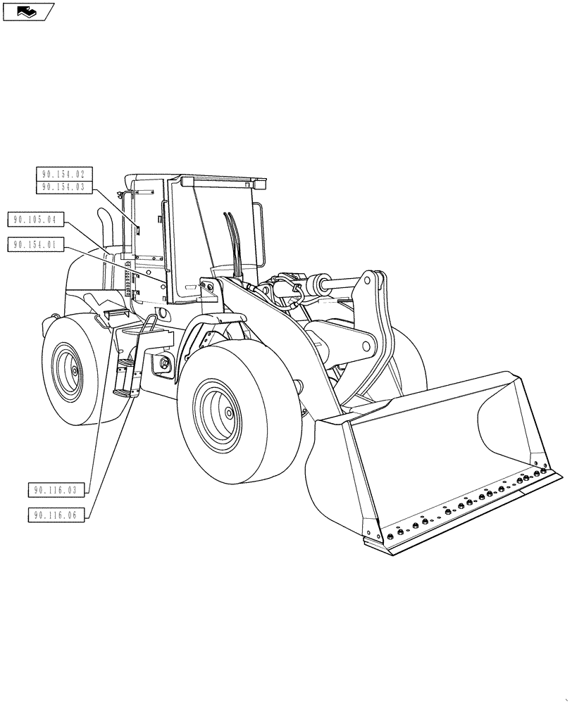 Схема запчастей Case 621F - (90.000.00[01]) - PICTORIAL INDEX - CAB FRAME (90) - PLATFORM, CAB, BODYWORK AND DECALS
