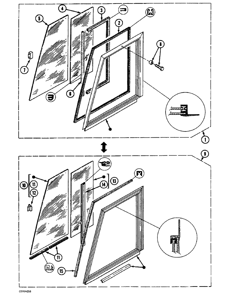 Схема запчастей Case 688BCK - (9E-64) - WINDOW, 688B CK (120301-) (05.1) - UPPERSTRUCTURE CHASSIS/ATTACHMENTS