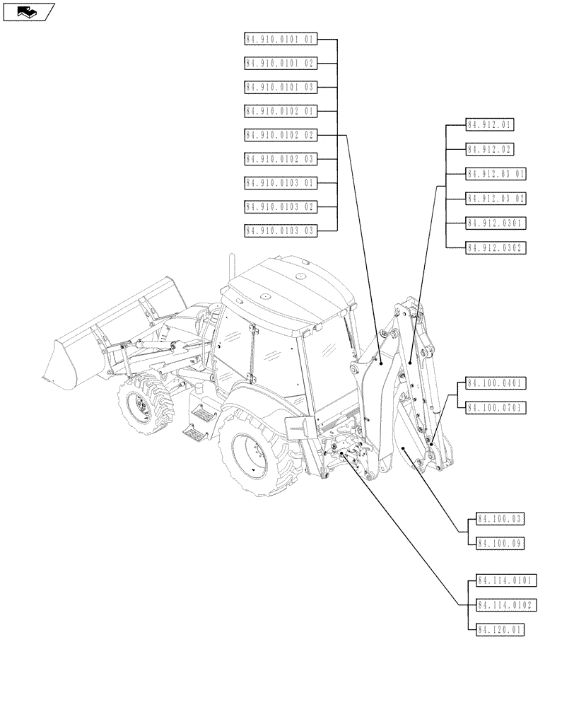 Схема запчастей Case 590SN - (84.000.00[02]) - PICTORIAL INDEX - FRONT LOADER (84) - BOOMS, DIPPERS & BUCKETS