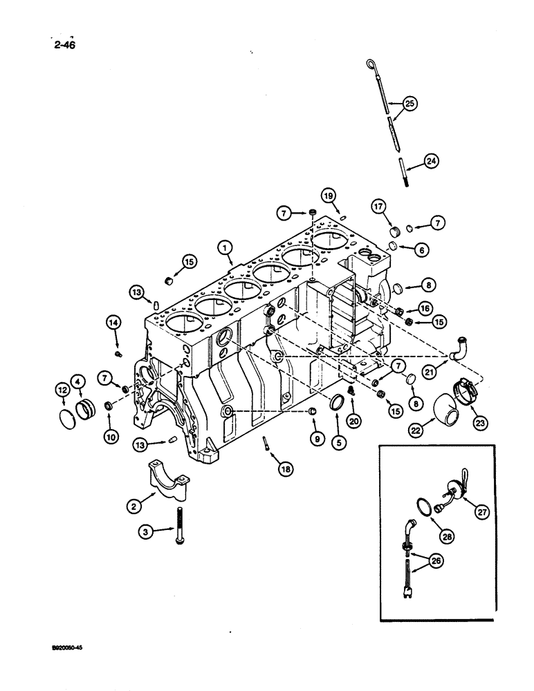 Схема запчастей Case 1187C - (2-46) - CYLINDER BLOCK, 6T-830 ENGINE, TWELVE PISTON COOLING NOZZLES, ENGINE S/N 44487830 AND AFTER (02) - ENGINE