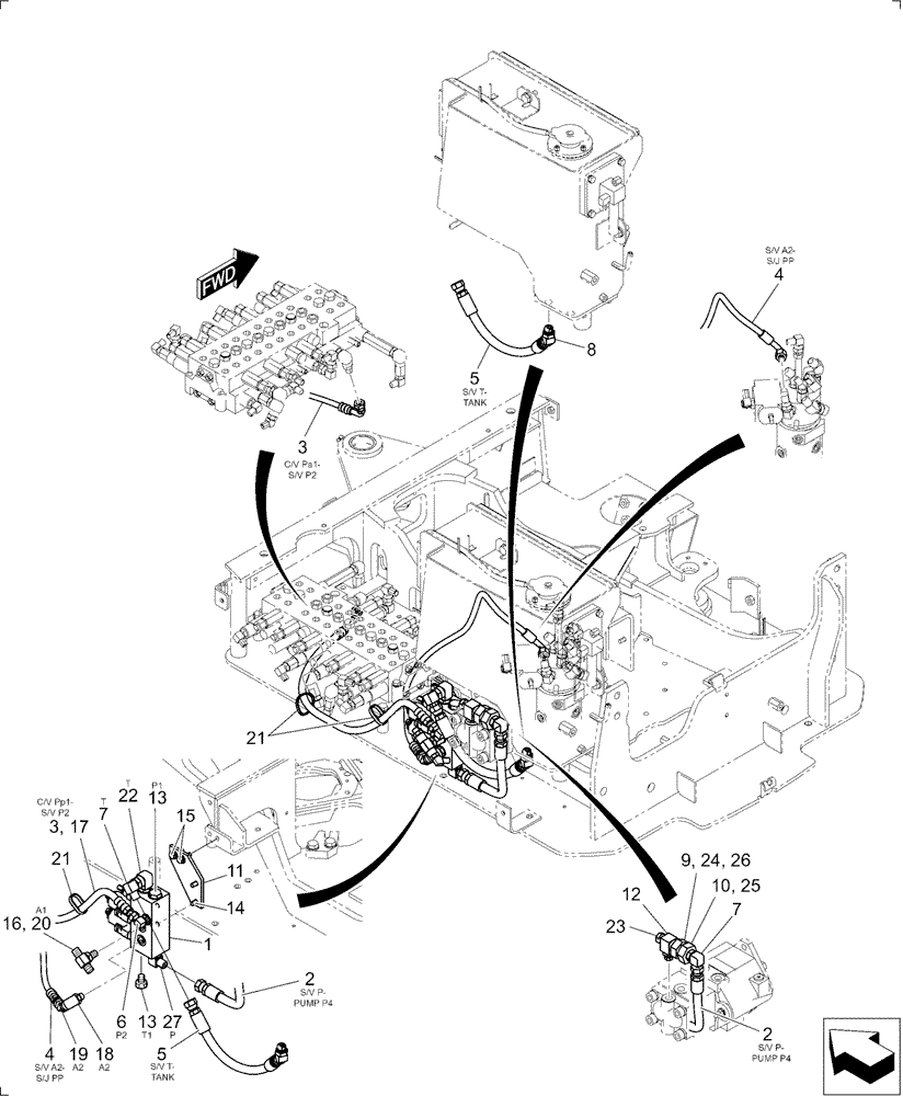 Схема запчастей Case CX17B - (01-038[01]) - CONTROL LINES, VALVE (35) - HYDRAULIC SYSTEMS