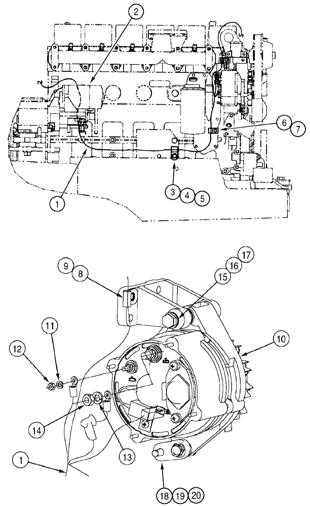 Схема запчастей Case 850H - (04-10) - HARNESS, FRONT- ALTERNATOR, ENGINE RIGHT HAND SIDE AND ALTERNATOR MOUNTING (04) - ELECTRICAL SYSTEMS