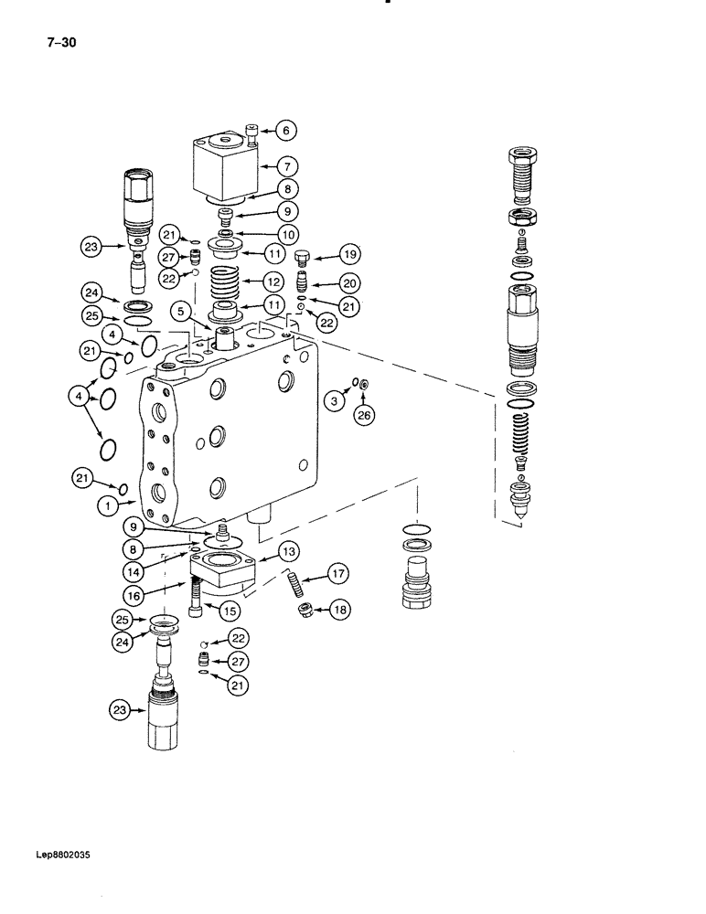 Схема запчастей Case 888 - (7-030) - DRIVE CONTROL VALVE, TRACK DRIVE SECTIONS, P.I.N. FROM 74213 TO 74418, 15201 TO 15262 (07) - BRAKES