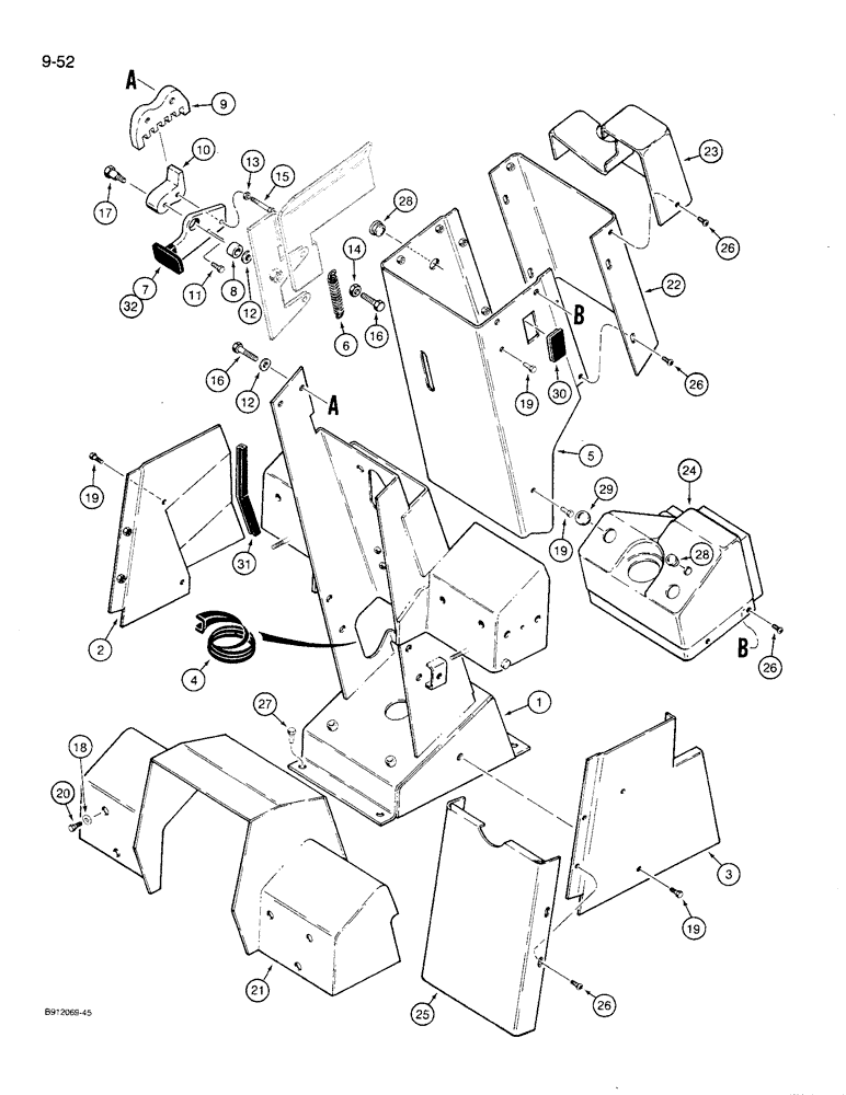 Схема запчастей Case 621 - (9-52) - PEDESTAL AND TILT LATCH, PRIOR TO P.I.N. JAK0027512 (09) - CHASSIS/ATTACHMENTS