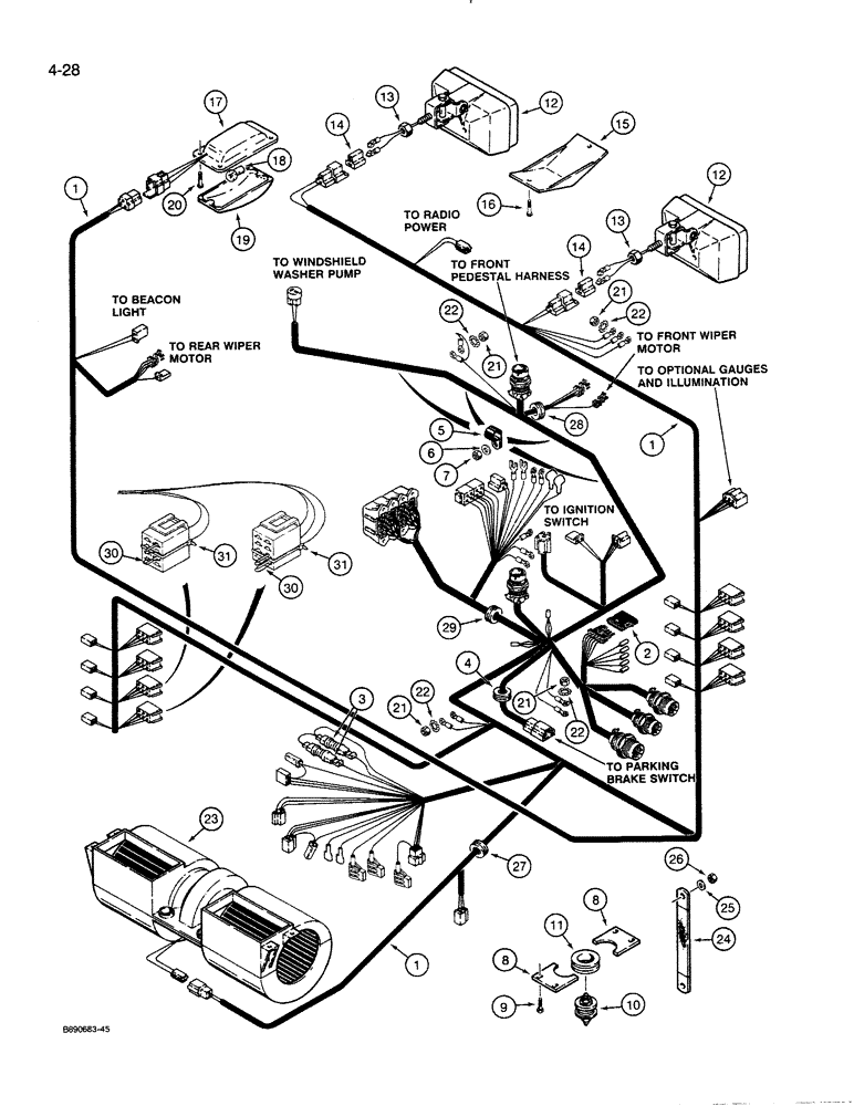 Схема запчастей Case 821 - (4-028) - CAB HARNESS - OPERATORS COMPARTMENT, LAMPS AND BLOWER, PRIOR TO P.I.N. JAK0024165 (04) - ELECTRICAL SYSTEMS