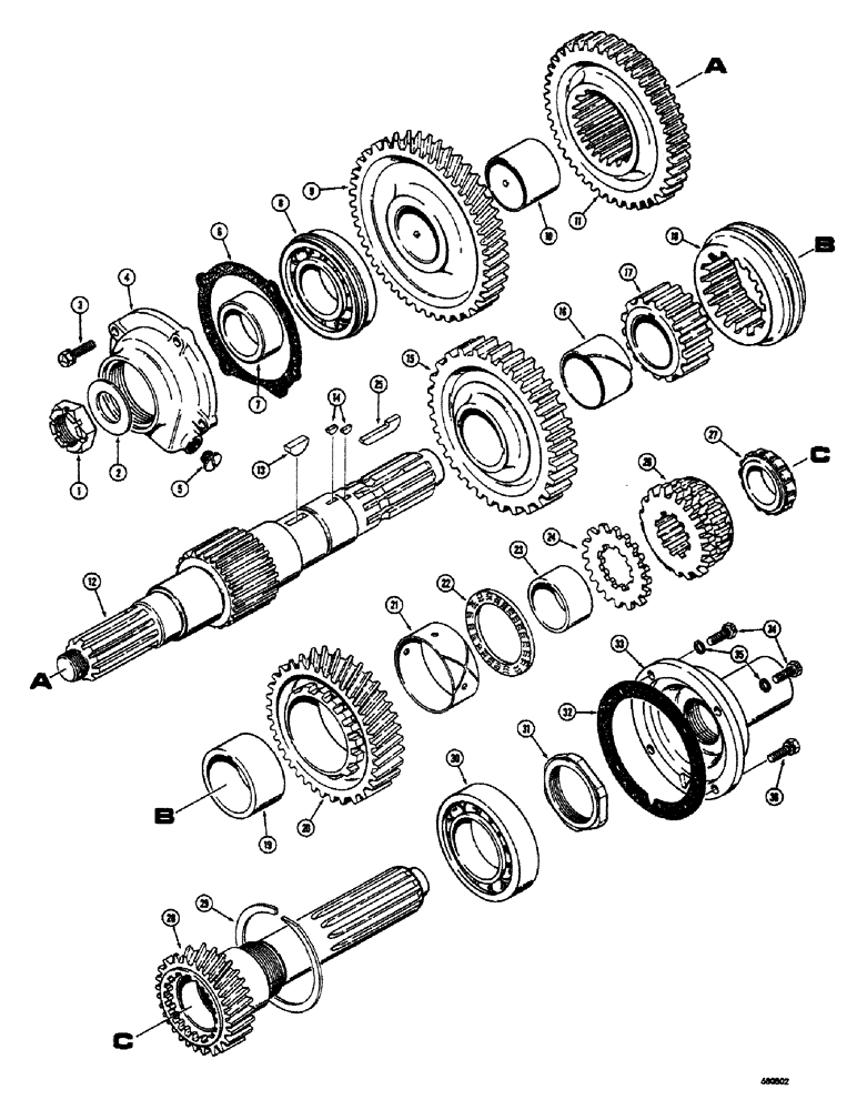 Схема запчастей Case 300 - (044) - TRANSMISSION ASSEMBLY, TRACTOR SERIAL NO. 5255 TO 5769, MAINSHAFT AND RELATED PARTS (03) - TRANSMISSION