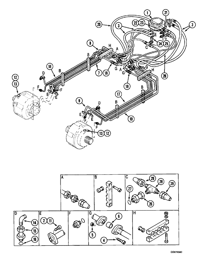 Схема запчастей Case 220B - (7-2) - LOWER TRACK DRIVE, DRIVE RANGE AND BRAKE HYDRAULIC LINES, P.I.N. 74441 THROUGH 74569 (07) - BRAKES