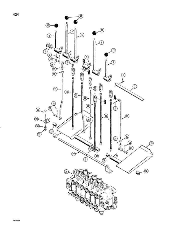 Схема запчастей Case 480C - (424) - BACKHOE CONTROLS WITH FOOT SWING, CONTROL LEVERS AND LINKAGE (84) - BOOMS, DIPPERS & BUCKETS