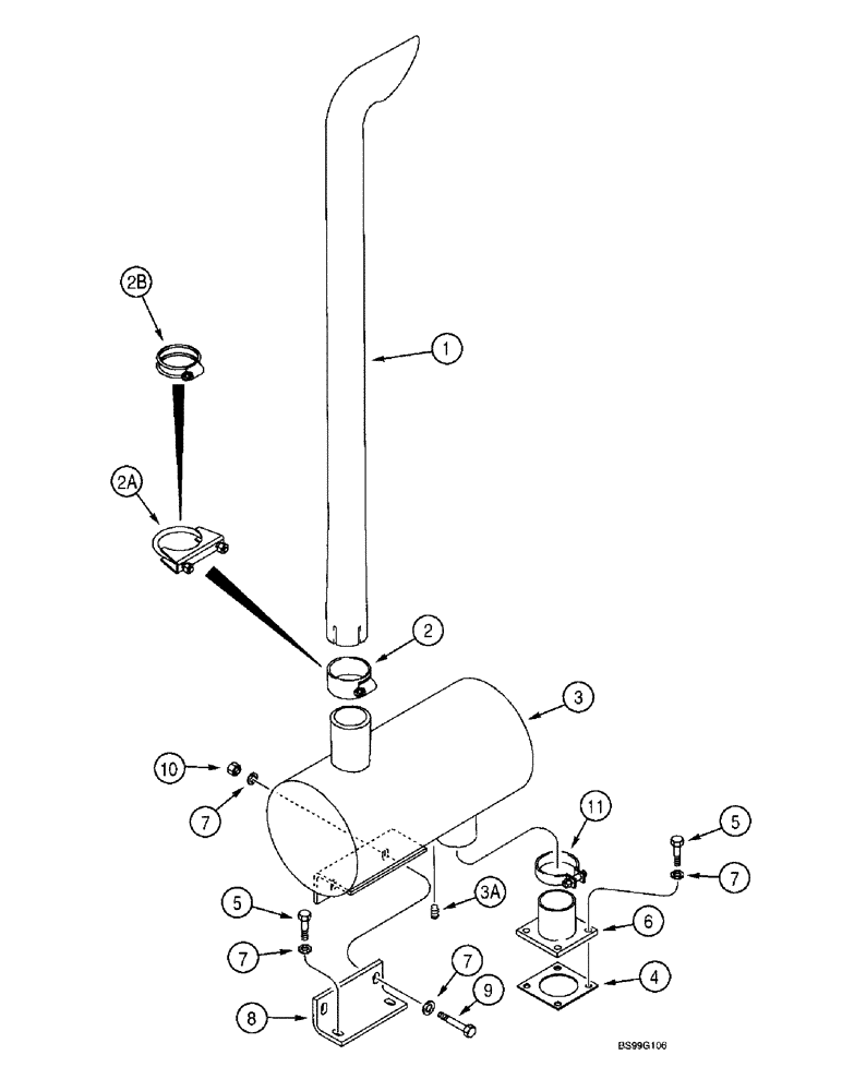 Схема запчастей Case 580L - (2-16) - MUFFLER AND EXHAUST SYSTEM, MODELS WITHOUT TURBOCHARGED ENGINE (02) - ENGINE