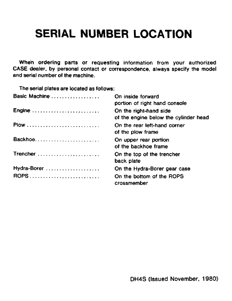 Схема запчастей Case DH4 - (1-00) - SERIAL NUMBER LOCATION (00) - GENERAL & PICTORIAL INDEX
