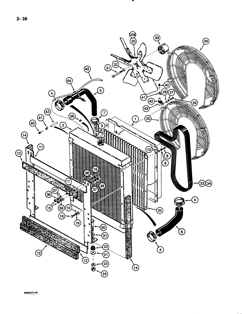 Схема запчастей Case 621 - (2-38) - RADIATOR, FAN, AND FAN BELTS, P.I.N. JAK0021337 AND AFTER (02) - ENGINE