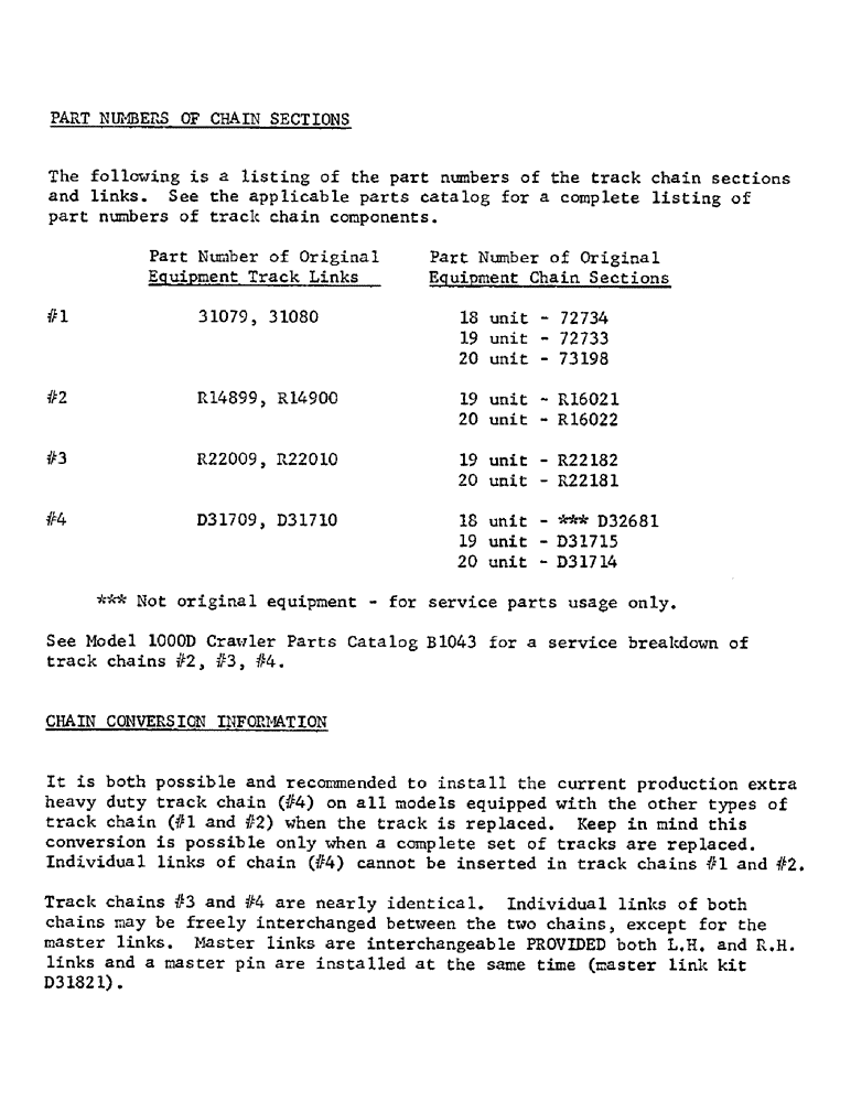 Схема запчастей Case 1000C - (001N) - PART NUMBERS OF CHAIN SECTIONS, CHAIN CONVERSION INFORMATION (00) - GENERAL