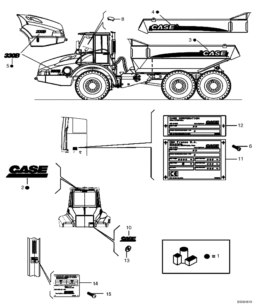 Схема запчастей Case 330B - (98A00010884[001]) - DECALS, MODEL - 330B W/O SCISSOR GATE (87494322) (8998340875) (13) - Electrical System / Decals