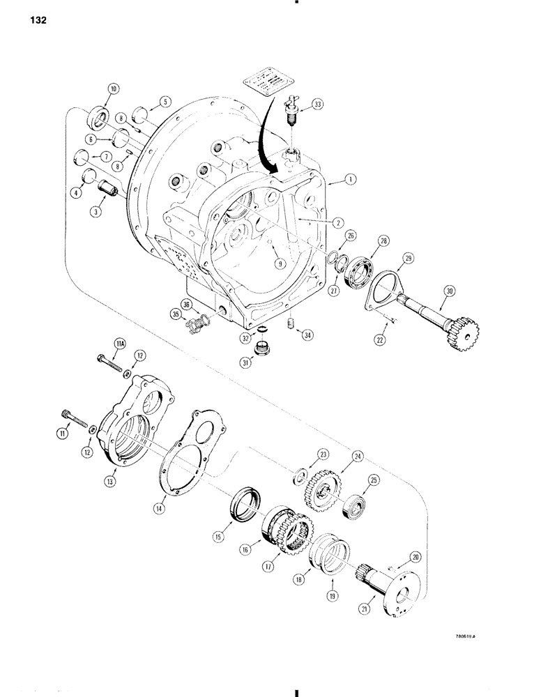 Схема запчастей Case W11 - (132) - TRANSMISSION, REAR HOUSING, INPUT SHAFT, AND PUMP DRIVE (06) - POWER TRAIN