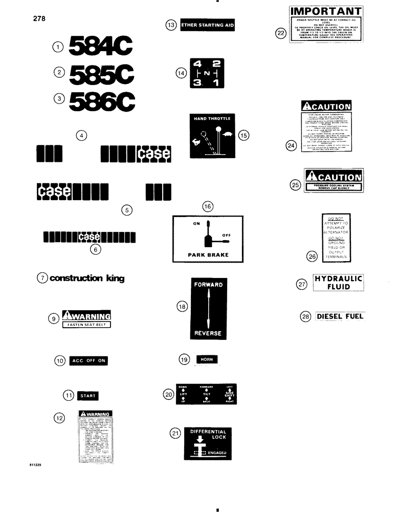 Схема запчастей Case 585C - (278) - DECALS, USED ON SERIAL NUMBER 9000008 AND AFTER (90) - PLATFORM, CAB, BODYWORK AND DECALS