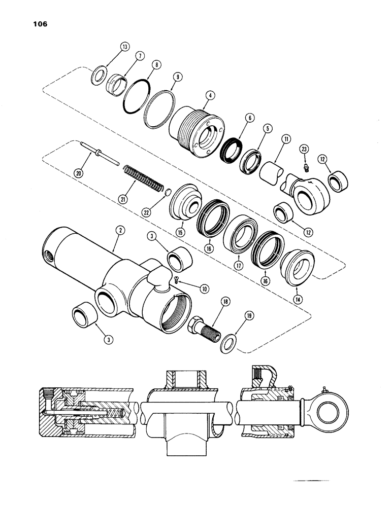 Схема запчастей Case 33 - (106) - G32586&G32587 SWING CYL 4"DIA CYL W/11"STROKE W/OGLAND ID RING W/SOLID OUTER WIPER&SPLIT INNER WIPER 