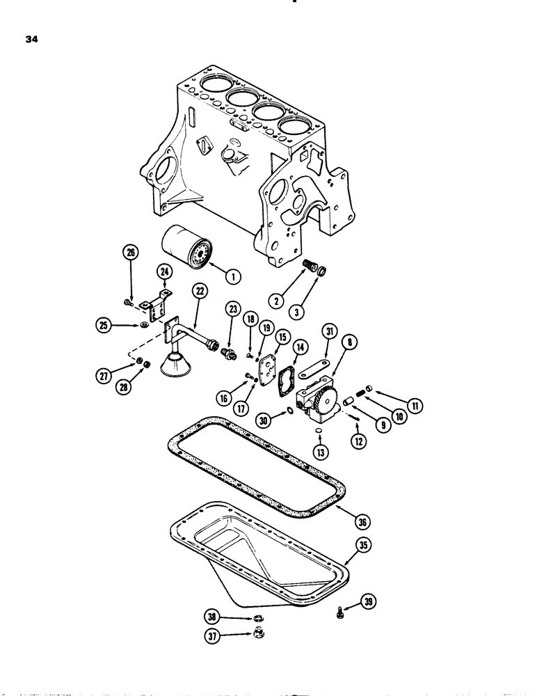 Схема запчастей Case 1845 - (034) - OIL FILTER, (159) SPARK IGNITION ENGINE, ENGINE S/N 4309700 & AFTER, OIL PUMP, OIL PAN (10) - ENGINE