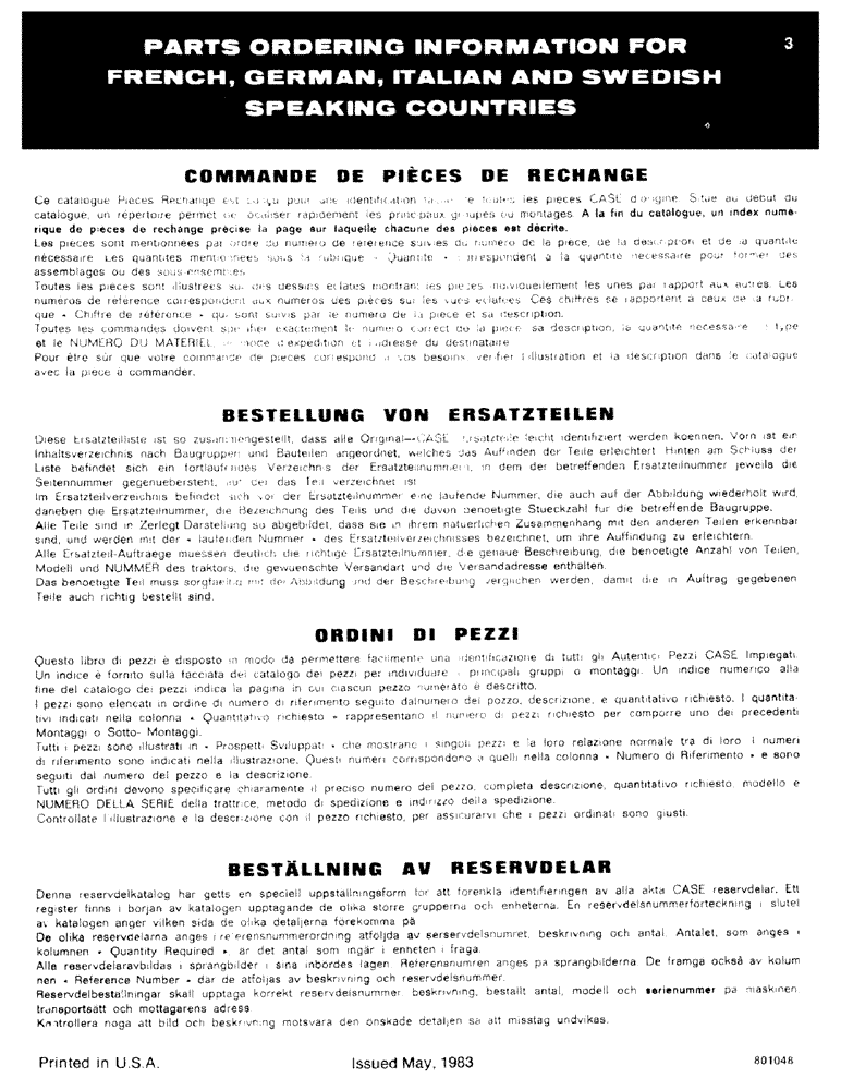 Схема запчастей Case 1280 - (003) - PARTS ORDERING INFORMATION FOR FRENCH, GERMAN, ITALIAN AND SWEDISH SPEAKING COUNTRIES (00) - GENERAL
