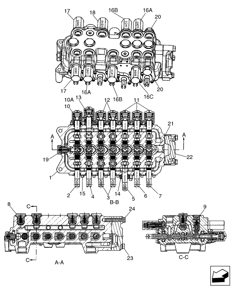 Схема запчастей Case 580SM - (35.726.17[02]) - VALVE ASSY - BACKHOE CONTROL, 7 SPOOL (W/ EXT DIPPER, W/O AUX HYDS, W/O PILOT CONTROLS) (580SM) (35) - HYDRAULIC SYSTEMS