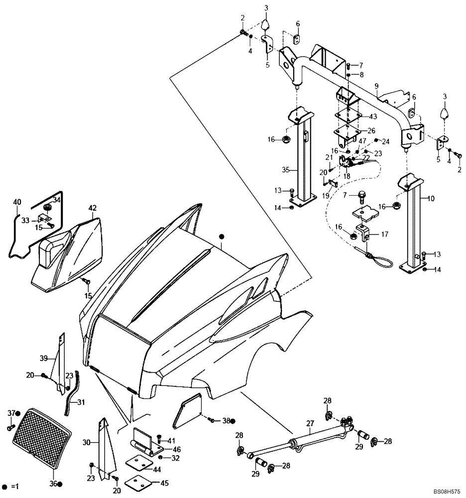 Схема запчастей Case 330B - (59A00040541[001]) - HOOD INSTAL (84127448) (10) - Cab/Cowlings