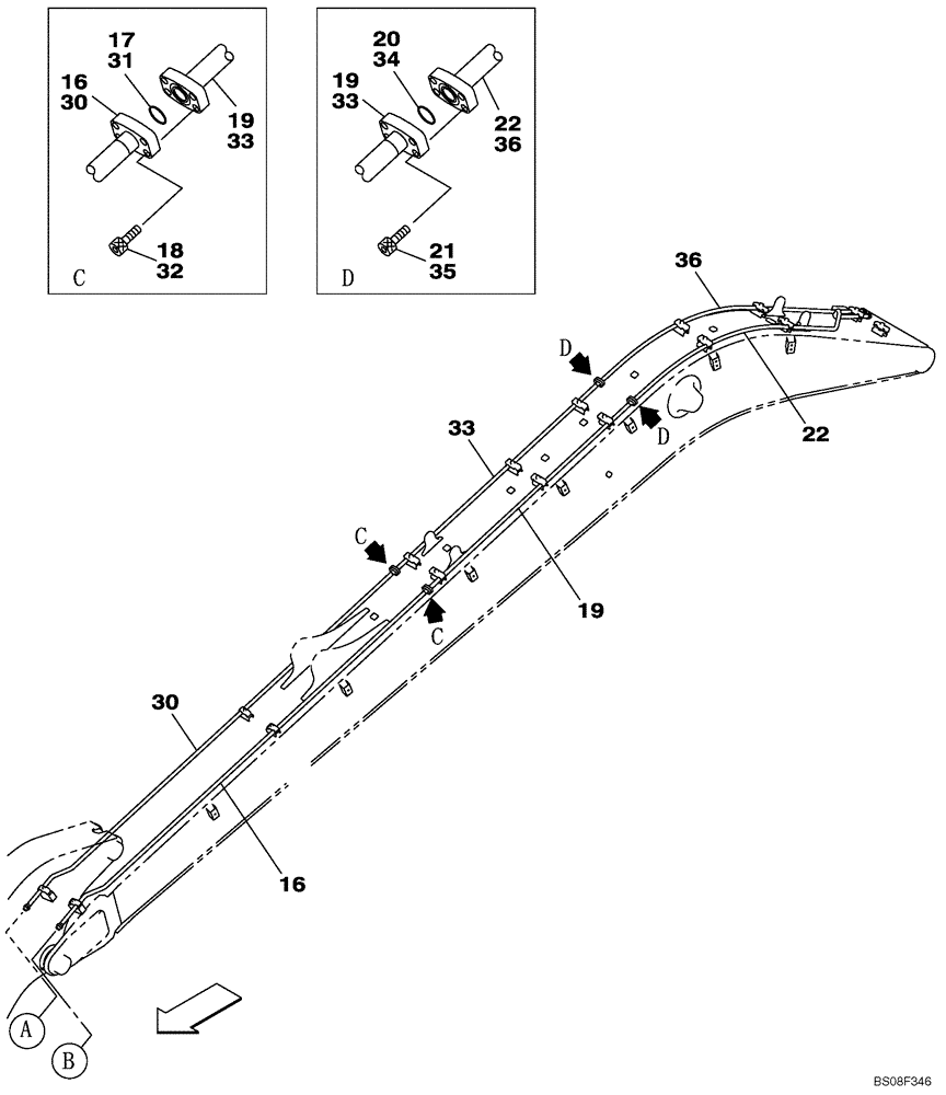 Схема запчастей Case CX240BLR - (08-014) - HYDRAULIC CIRCUIT - BUCKET CYLINDER - MONOBLOCK BOOM (10.30 M) (08) - HYDRAULICS