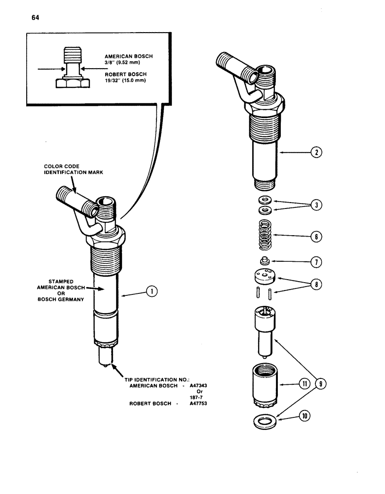 Схема запчастей Case 880C - (064) - FUEL INJECTOR NOZZLE, 504BD DIESEL ENGINE, BLUE COLOR CODE IDENTIFICATION (02) - FUEL SYSTEM