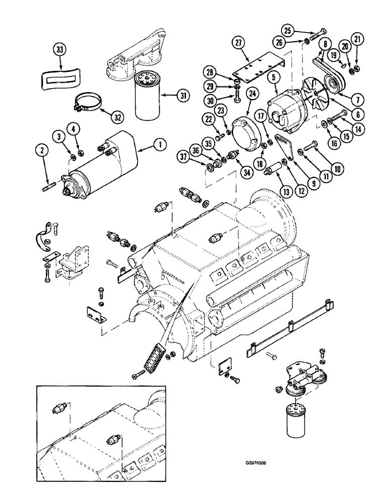 Схема запчастей Case 220B - (2-10) - ENGINE FILTERS, ALTERNATOR & STARTER, ADAPTING PARTS TO ENG., P.I.N. 74441-74597, P.I.N. 03201 & AFT (02) - ENGINE