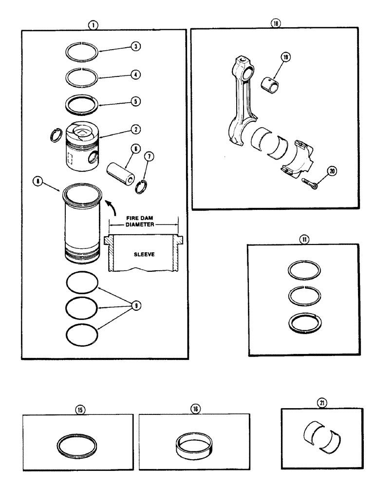 Схема запчастей Case 880B - (024) - PISTONS & SLEEVES, W/5.189" TO 5.194" FIRE DAM DIA. SLEEVE, 336BDT DIESEL ENGINE (01) - ENGINE