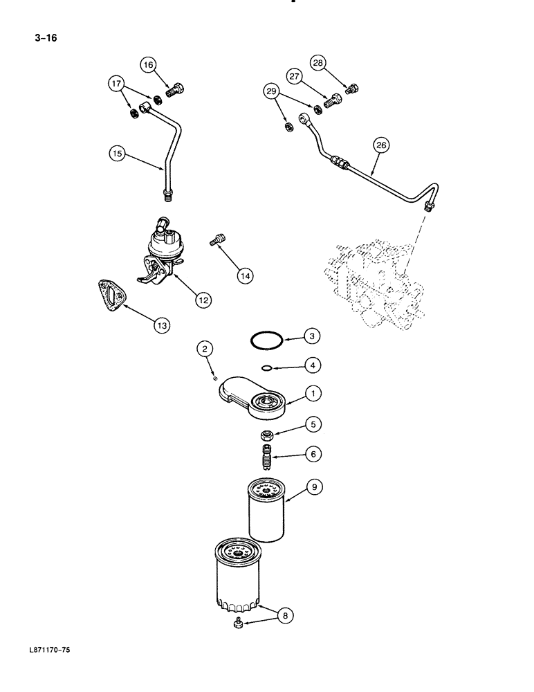 Схема запчастей Case 888 - (3-016) - FUEL FILTER AND LIFT PUMP, 6T-590 DIESEL ENGINE (03) - FUEL SYSTEM